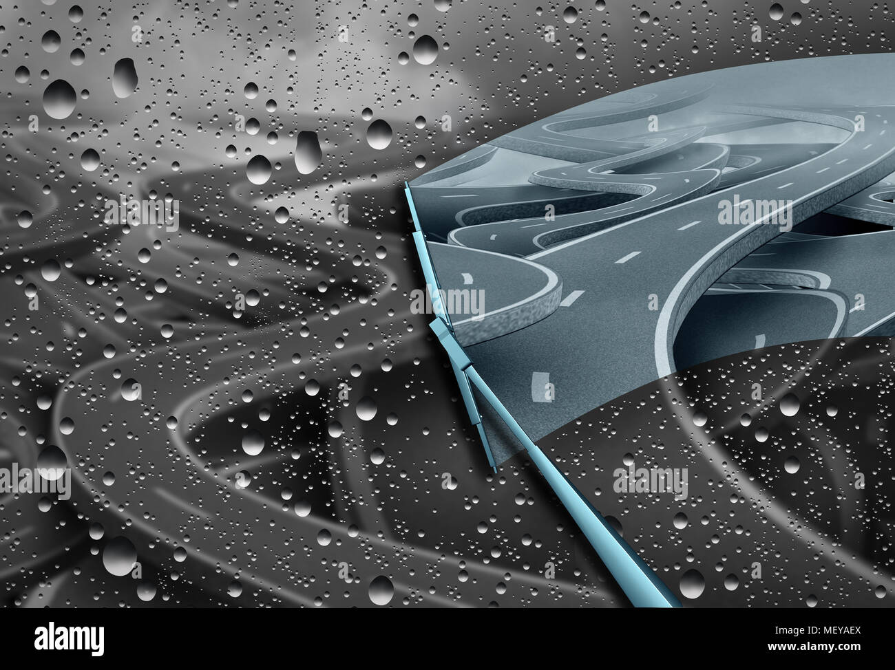 Business information explanation concept as a wiper clearing a rainy windshield revealing pathways and roads as a 3D illustration. Stock Photo