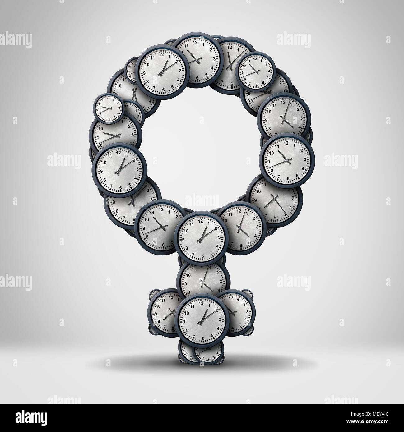 Female fertility clock symbol and biological time ticking concept with a group of time pieces as a metaphor for the stress of reproductive age. Stock Photo
