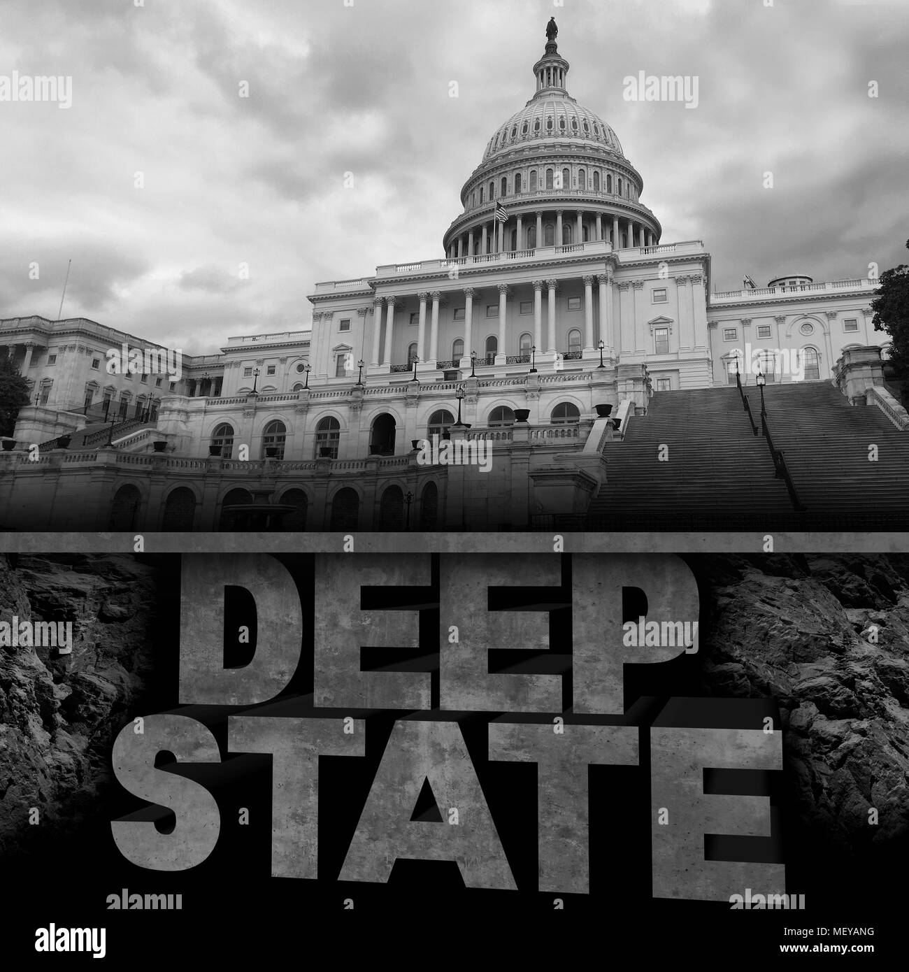 Deep state politics concept and United States political symbol of an underground government bureaucracy with 3D elements. Stock Photo