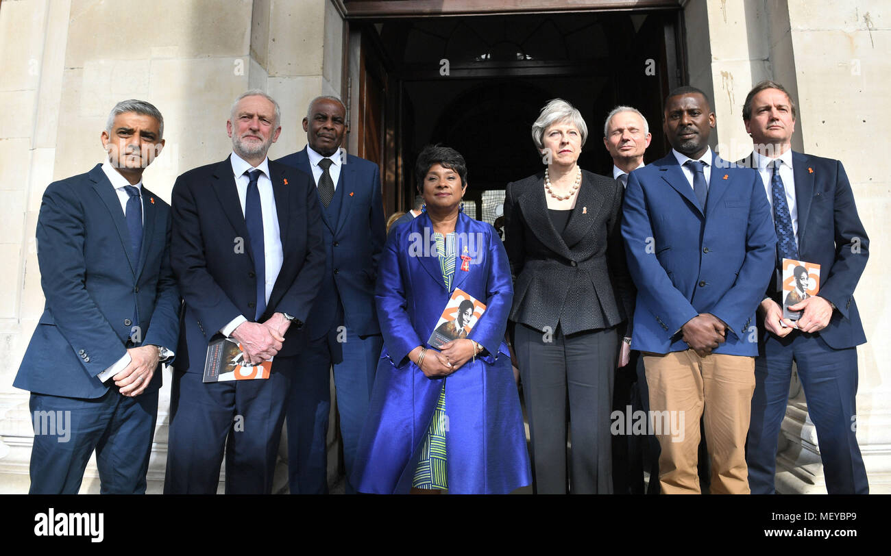 Mayor of London Sadiq Khan, Labour leader Jeremy Corbyn, Neville Lawrence, Baroness Lawrence, Prime Minister Theresa May, Cabinet Office minister David Lidington, Stuart Lawrence and Minister for Policing Nick Hurd after attending a memorial service at St Martin-in-the-Fields in Trafalgar Square, London to commemorate the 25th anniversary of the murder of Stephen Lawrence. Stock Photo