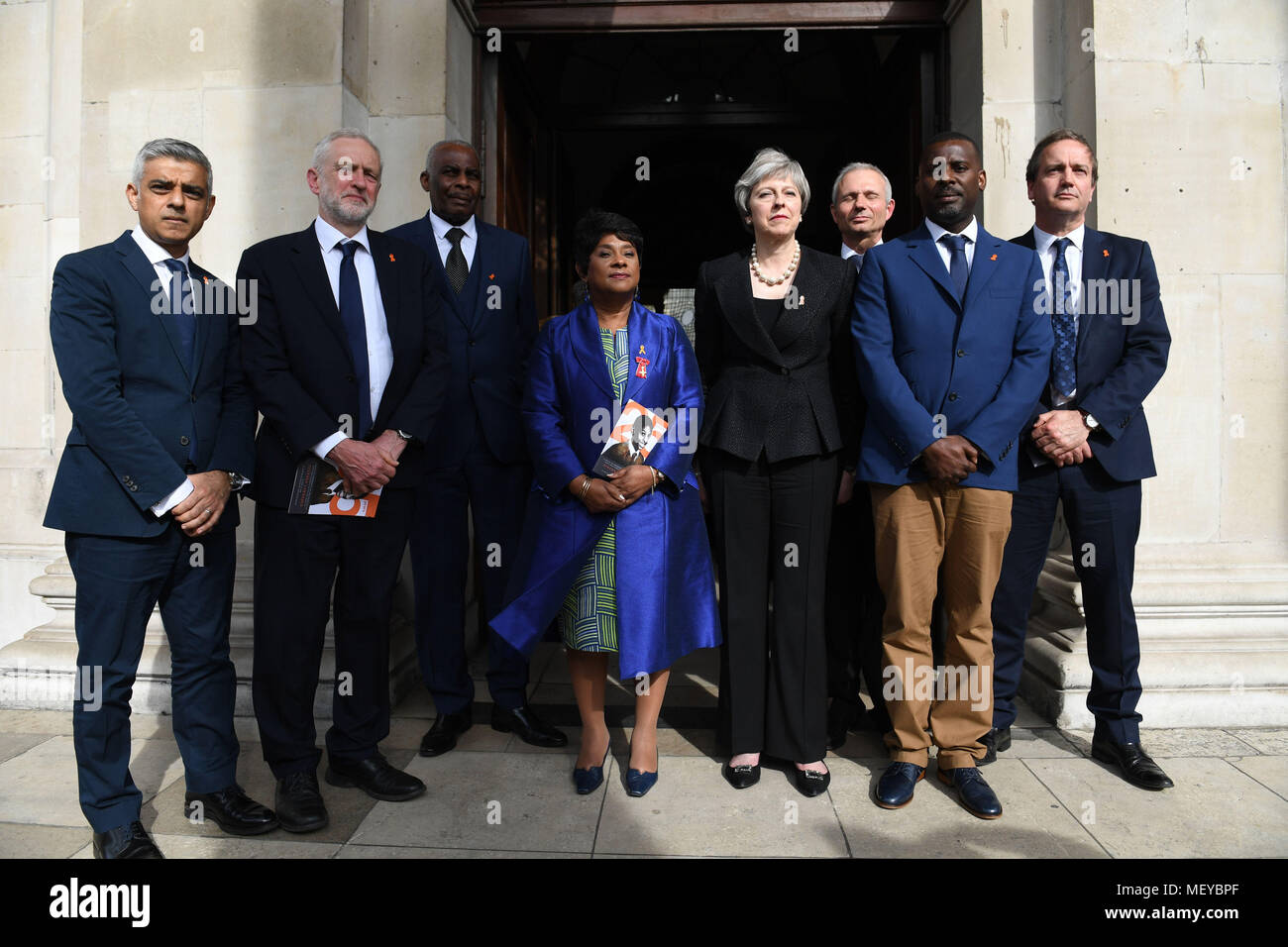 Mayor of London Sadiq Khan, Labour leader Jeremy Corbyn, Neville Lawrence, Baroness Lawrence, Prime Minister Theresa May, Cabinet Office minister David Lidington, Stuart Lawrence and Minister for Policing Nick Hurd after attending a memorial service at St Martin-in-the-Fields in Trafalgar Square, London to commemorate the 25th anniversary of the murder of Stephen Lawrence. Stock Photo