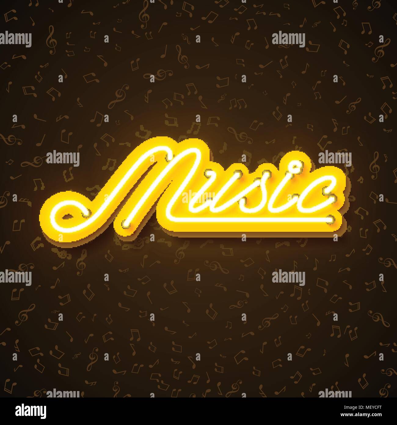 Music illustration with neon sign. Shiny signboard letter on note texture background. Design template for decoration, cover, flyer or promotional party poster. Stock Vector