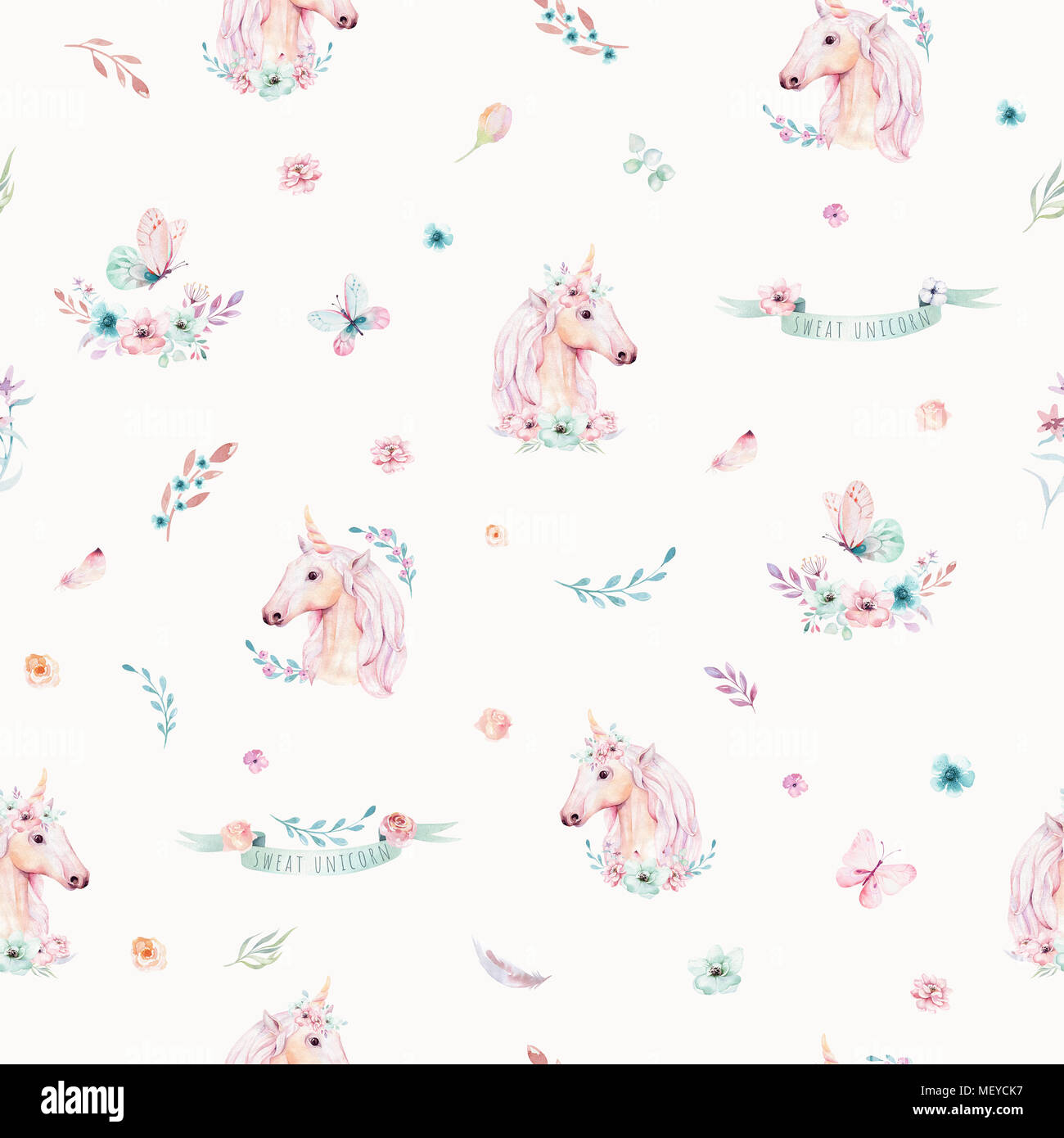 Cute watercolor unicorn seamless pattern with flowers. Nursery magical ...