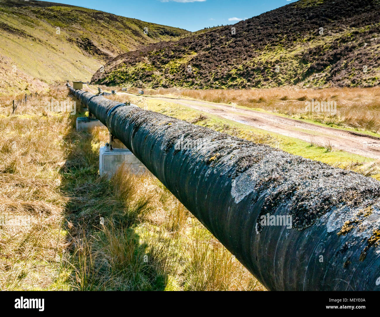 Long water pipe, Medwin Water valley, Scottish Borders, Scotland, UK on