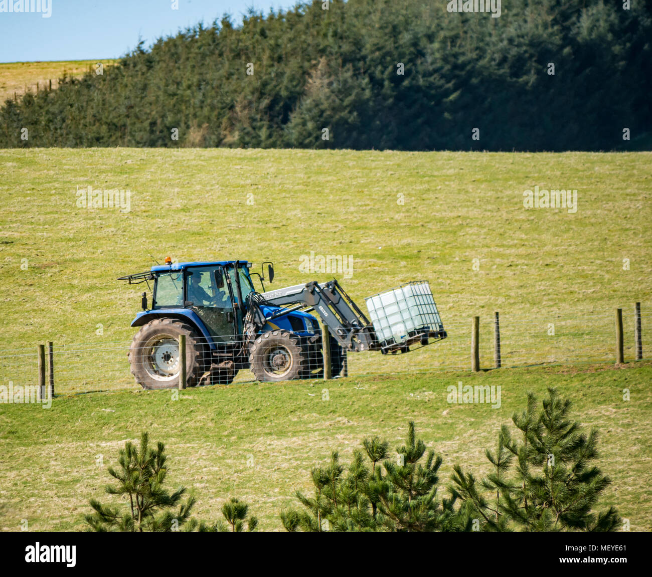 Farmer driving a Quicke tractor up a hill track delivering a plastic tank of water, Scottish Borders, Scotland, UK Stock Photo