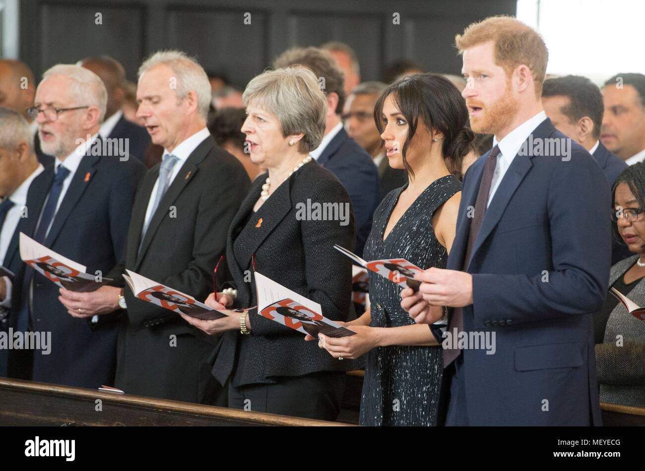 Labour leader Jeremy Corbyn, Cabinet Office minister David Lidington, Prime Minister Theresa May, Meghan Markle and Prince Harry attend a memorial service at St Martin-in-the-Fields in Trafalgar Square, London to commemorate the 25th anniversary of the murder of Stephen Lawrence. Stock Photo