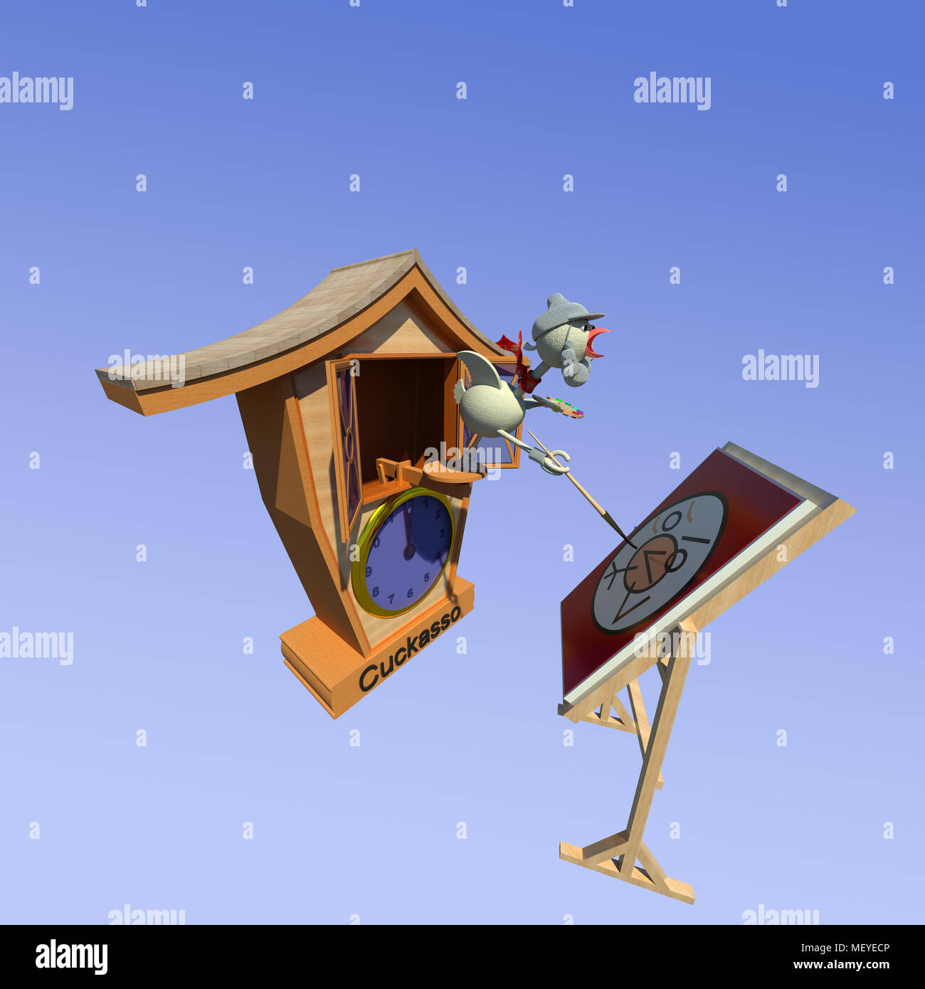 Cuckoo clock cuckoo bird artist painting self-portrait at his very young  age 3D illustration on gradient blue sky background. Collection Stock Photo  - Alamy