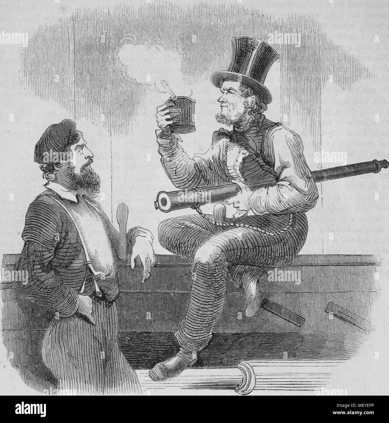 Engraving of a cook and the pilot of a whaling ship, holding a telescope and cup of coffee, 1860. Courtesy Internet Archive. () Stock Photo
