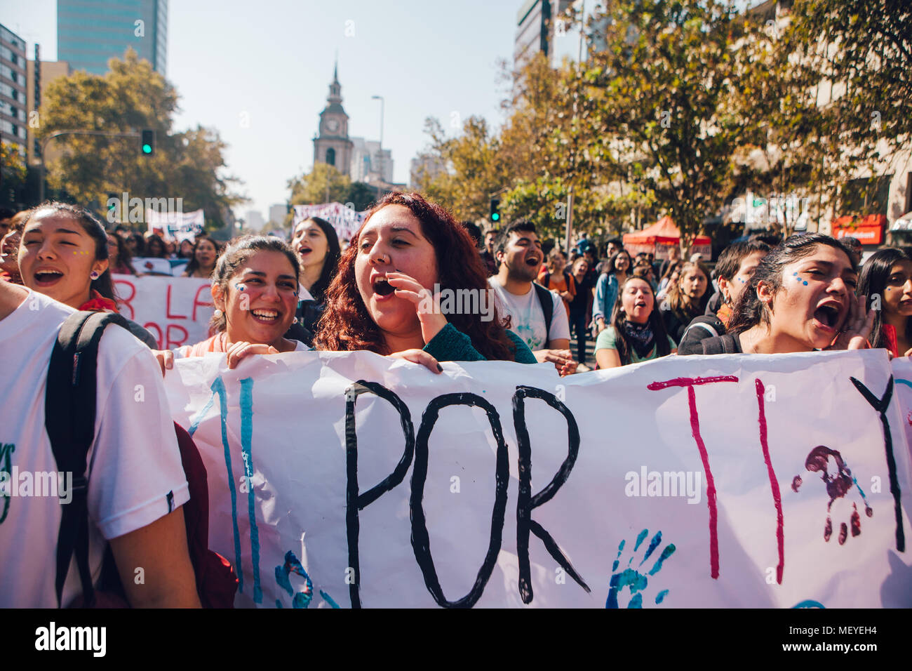 Santiago, Chile - April 19, 2018: Chileans marched through Santiago's streets, demanding an end to the Profit in the Education Stock Photo