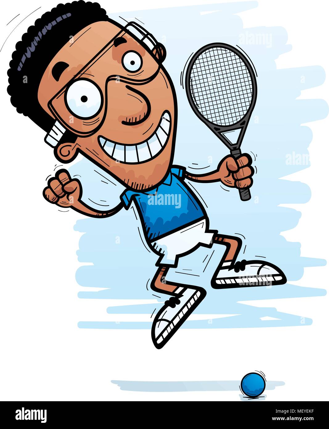 A cartoon illustration of a black man racquetball player jumping Stock ...