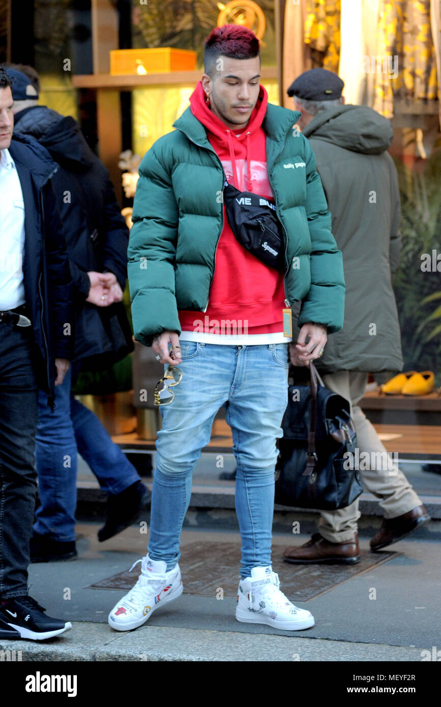 Rapper Sfera Ebbasta walking on the Via Montenapoleone in Milan, Italy.  Featuring: Sfera Ebbasta Where: Milan, Lombardy, Italy When: 23 Mar 2018  Credit: IPA/WENN.com **Only available for publication in UK, USA, Germany