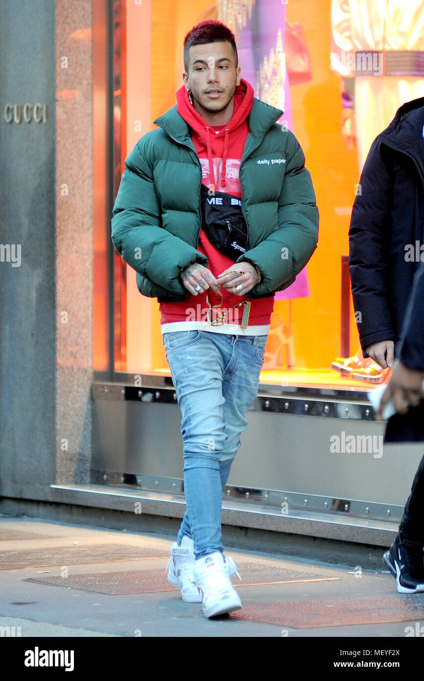 Rapper Sfera Ebbasta walking on the Via Montenapoleone in Milan, Italy.  Featuring: Sfera Ebbasta Where: Milan, Lombardy, Italy When: 23 Mar 2018  Credit: IPA/WENN.com **Only available for publication in UK, USA, Germany,