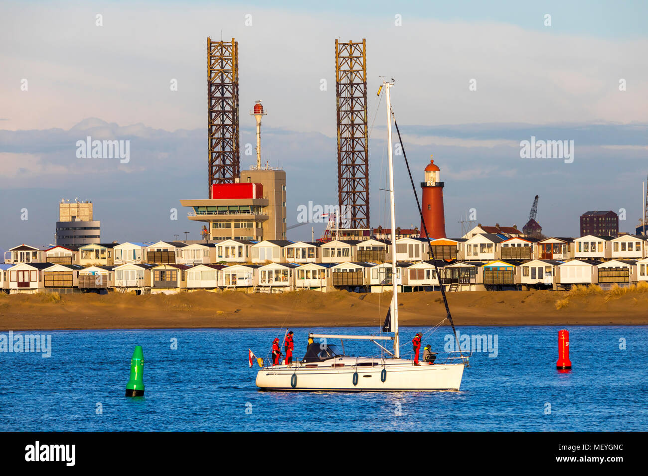 Holiday homes, beach houses on the beach of Ijmuiden in North Holland