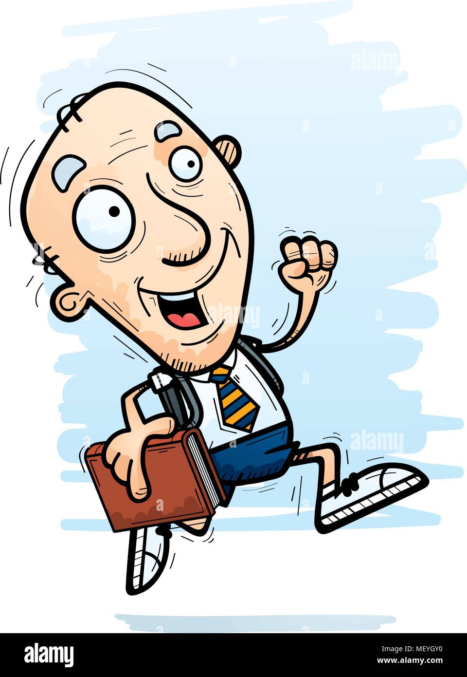 A cartoon illustration of a senior citizen man student running. Stock Vector