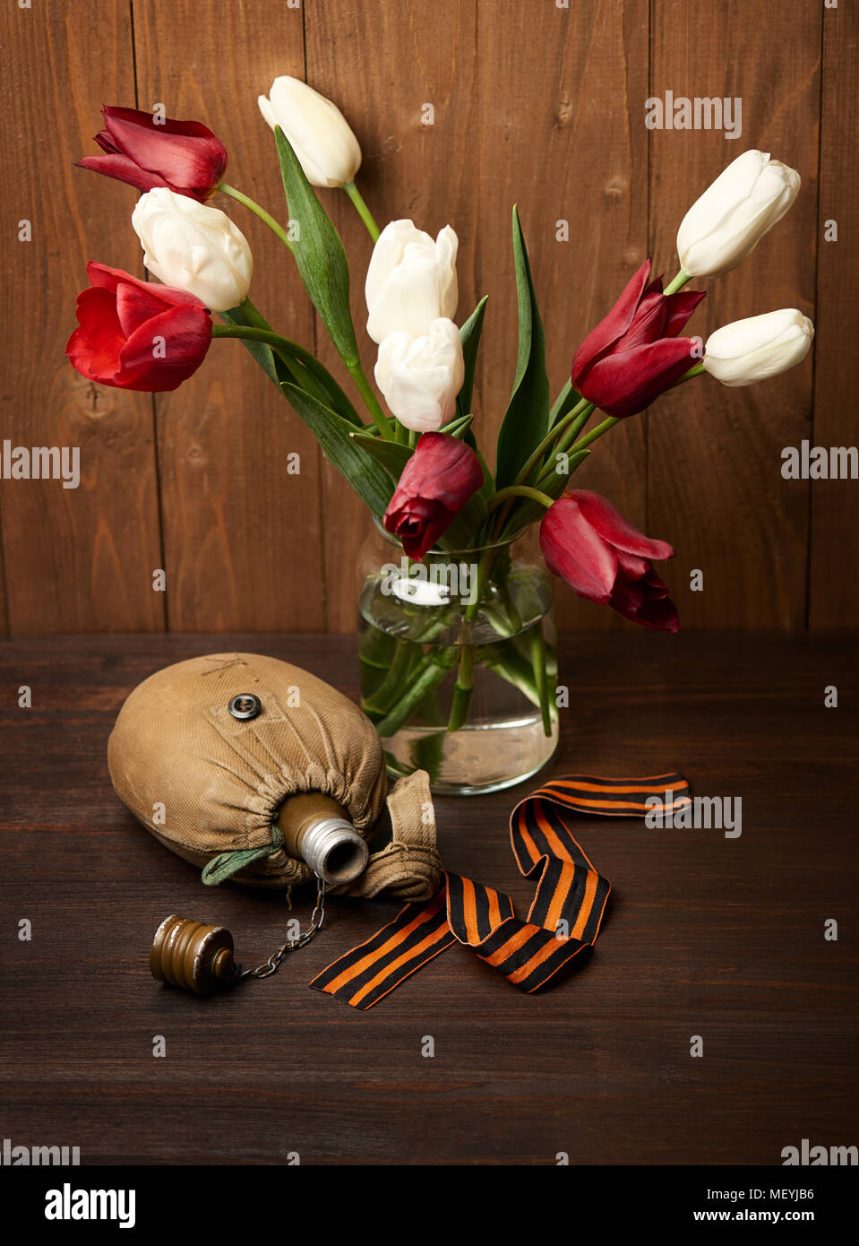 Old Soldiers Flask And St Georges Ribbon On Wooden Background World