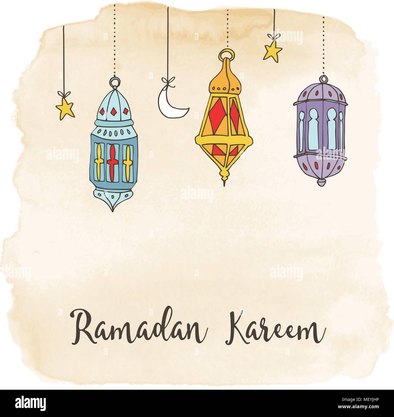 Hand Drawn Hanging Arabic Lanterns Moon And Stars Decoration On