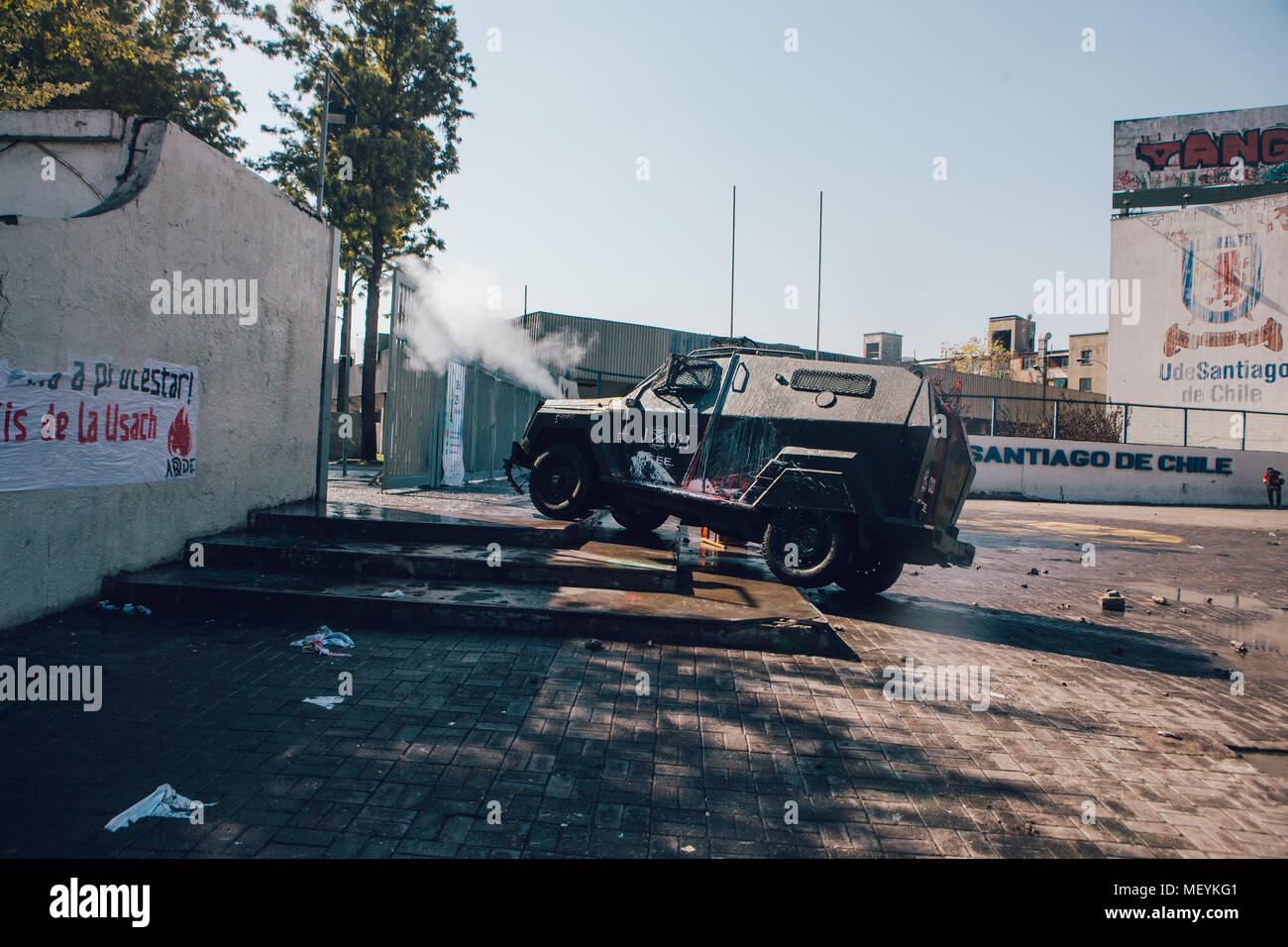 Santiago, Chile - April 19, 2018: Riot Police armored vehicle blocks entrance of the University of Santiago during a demonstration demanding an end to Stock Photo