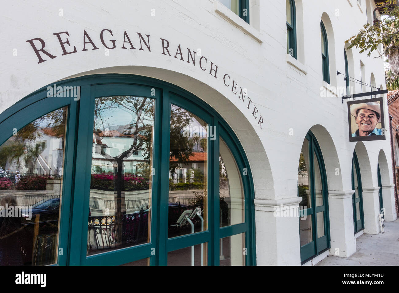 Exterior of the Ronald Reagan Ranch Center with a photograph of Ronald