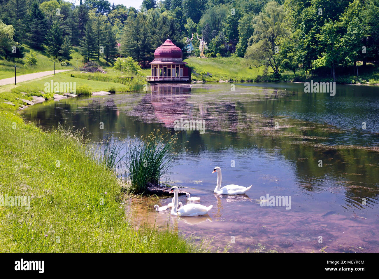 New Vrindaban Kusum Sarovara Lake and swan boat houses, , New Vrindaban, West Virginia, USA Stock Photo