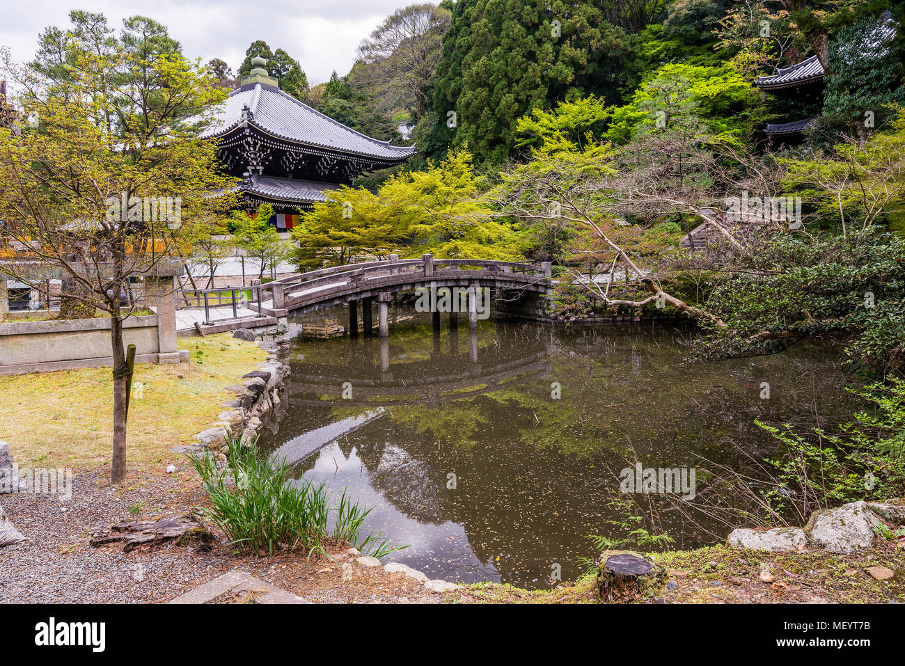 Nice pond with a bridge in the Chion-in Temple, Kyoto, Japan Stock Photo