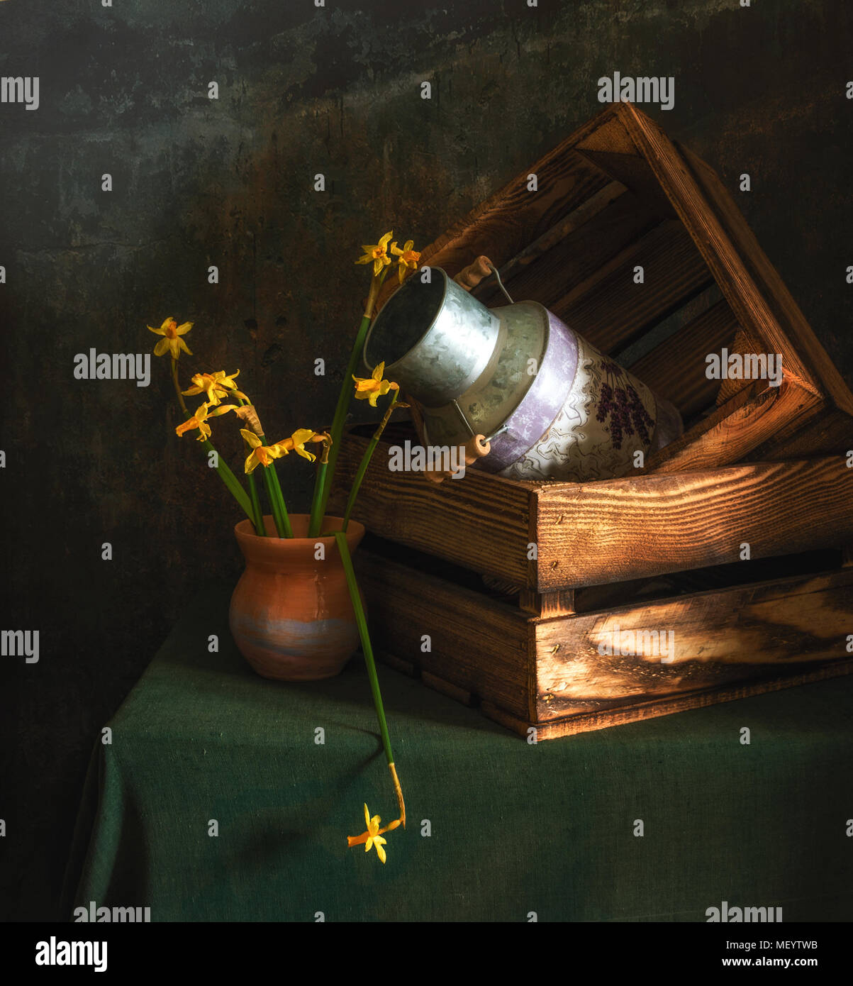 Vintage still life with boxes and daffodil flowers Stock Photo - Alamy