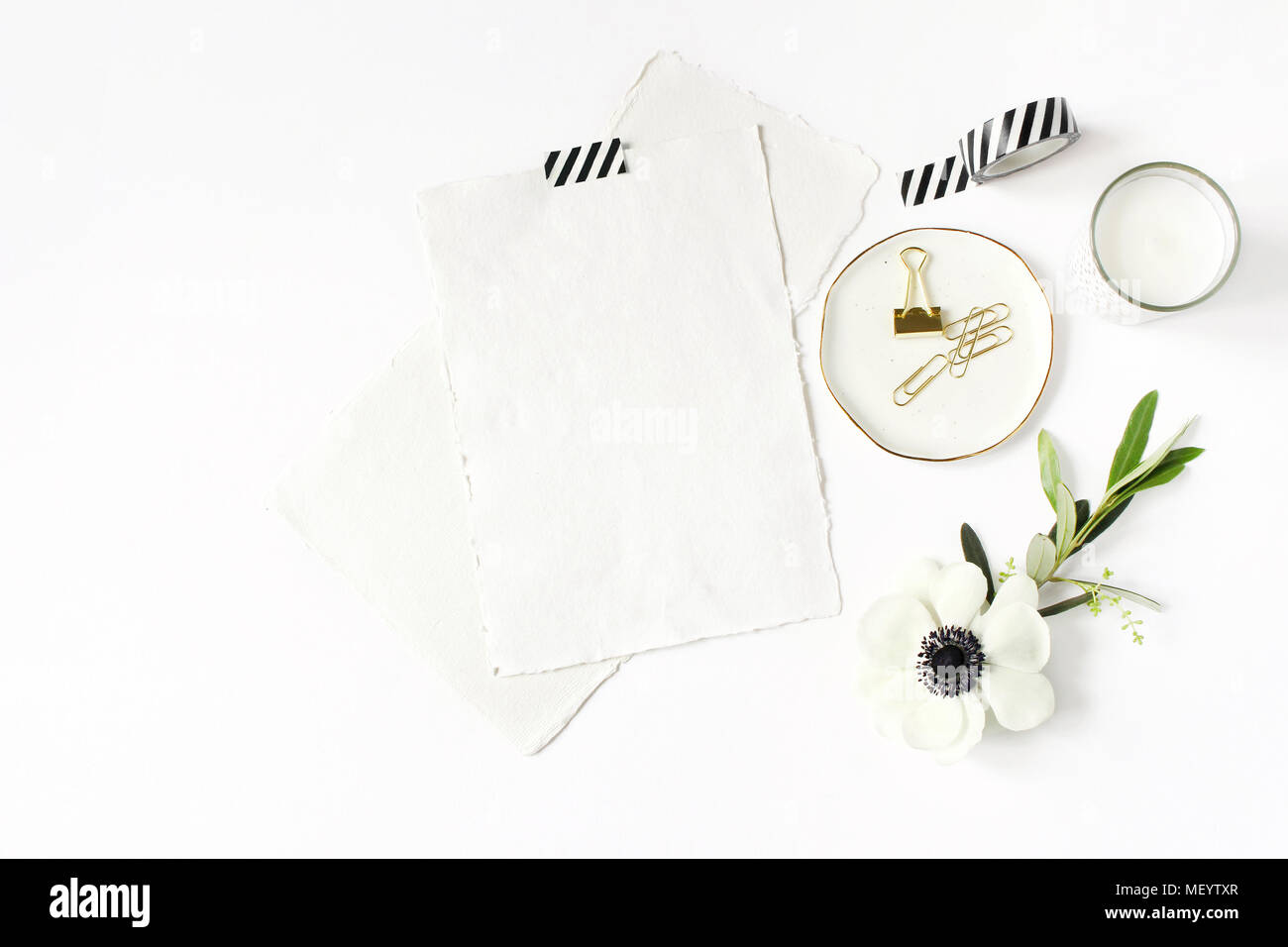 Download Wedding Birthday Desktop Mock Up Scene Blank Cotton Paper Greeting Cards Washi Tape And Golden Clips Olive Branch And Anemone Flower White Table Stock Photo Alamy