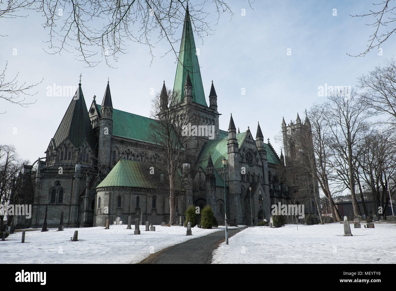 NIdaros Cathedral in the snow. Trondheim Norway 9.4.18 Stock Photo