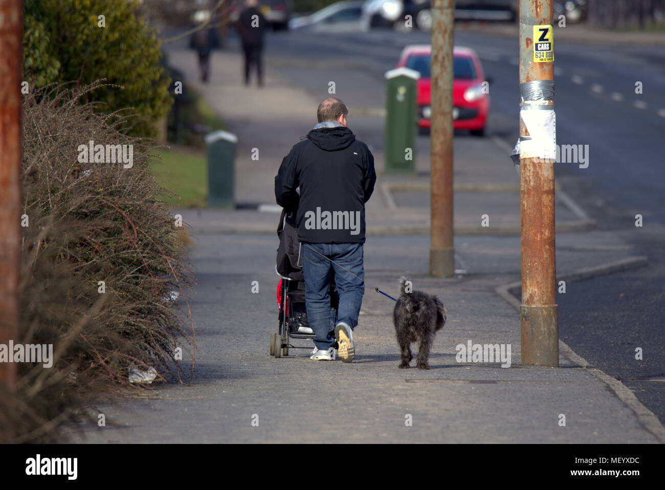 local people man pushing pram  on street pavement sidewalk walking dog Castlemilk, Glasgow, UK Stock Photo