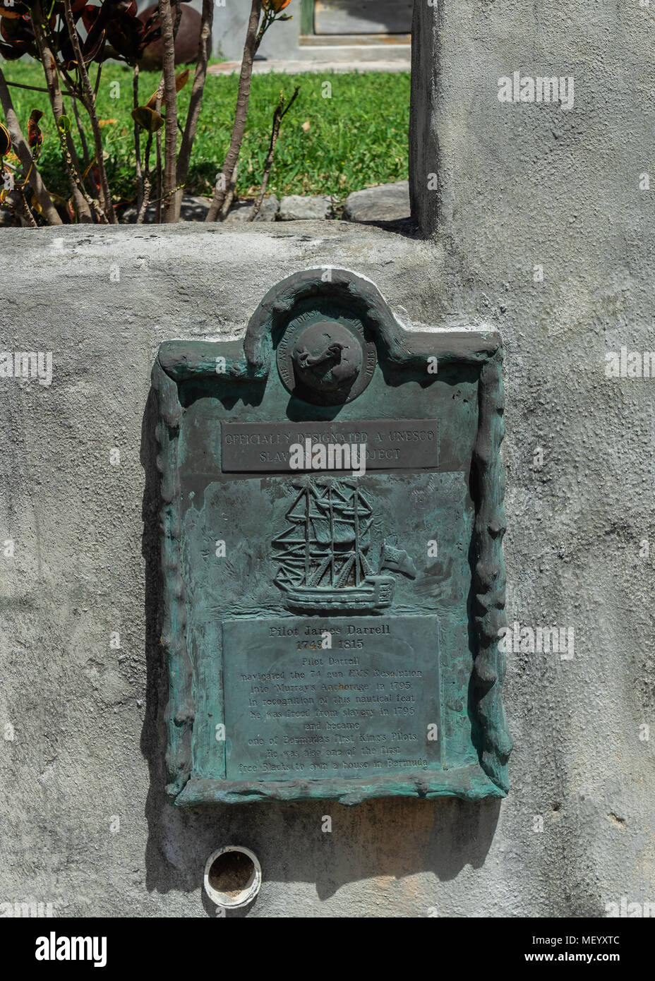 Signage outside Bermudian home which had been owned by harbour pilot James “Jemmy” Darrell .  He was a freed slave who bought this home shortly after  Stock Photo