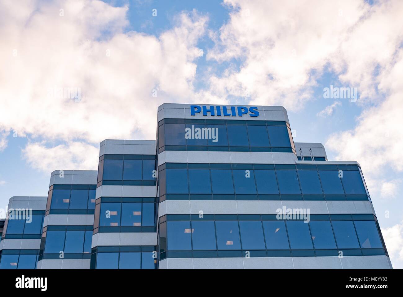 Facade with logo and sign at the regional headquarters of technology company Philips in Pleasanton, California, April 16, 2018. () Stock Photo