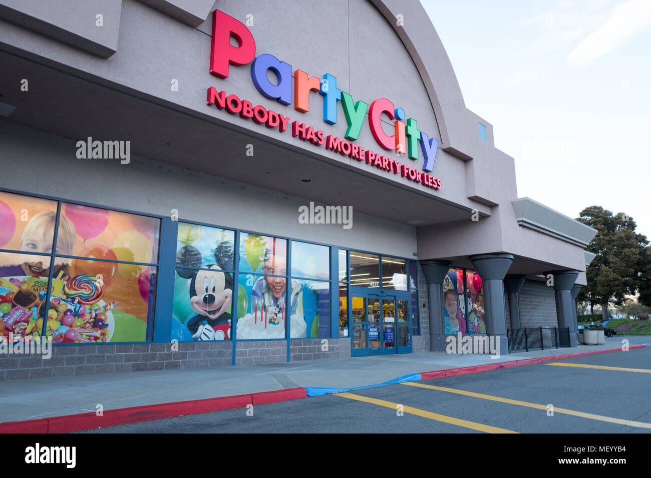 Facade with logo and sign at the Pleasanton, California location of party supply store Party City, April 16, 2018. () Stock Photo