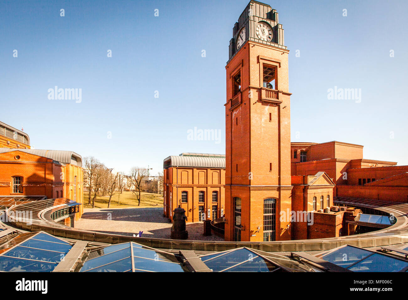 Old Brewery in Posen, Poland. View from one of the meeting rooms of the Hotel Blow Up Hall 5050 onto the central courtyard of the Stary Brewer. Here you will find cafes and restaurants, some of them covered, and in summer also outdoors Stock Photo
