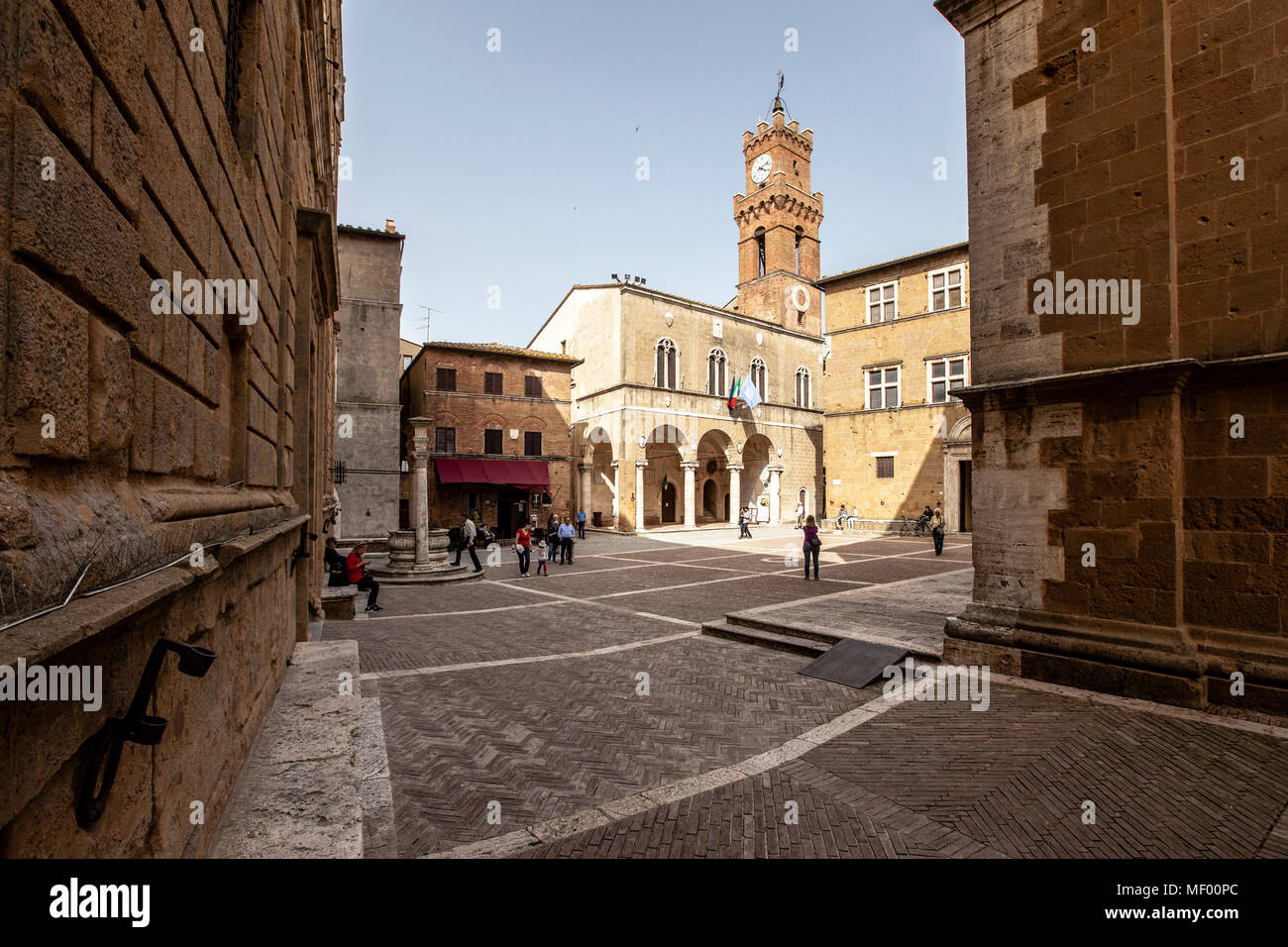 Old town with the bell tower of the city administration Pienza, Tuscany, Italy Stock Photo