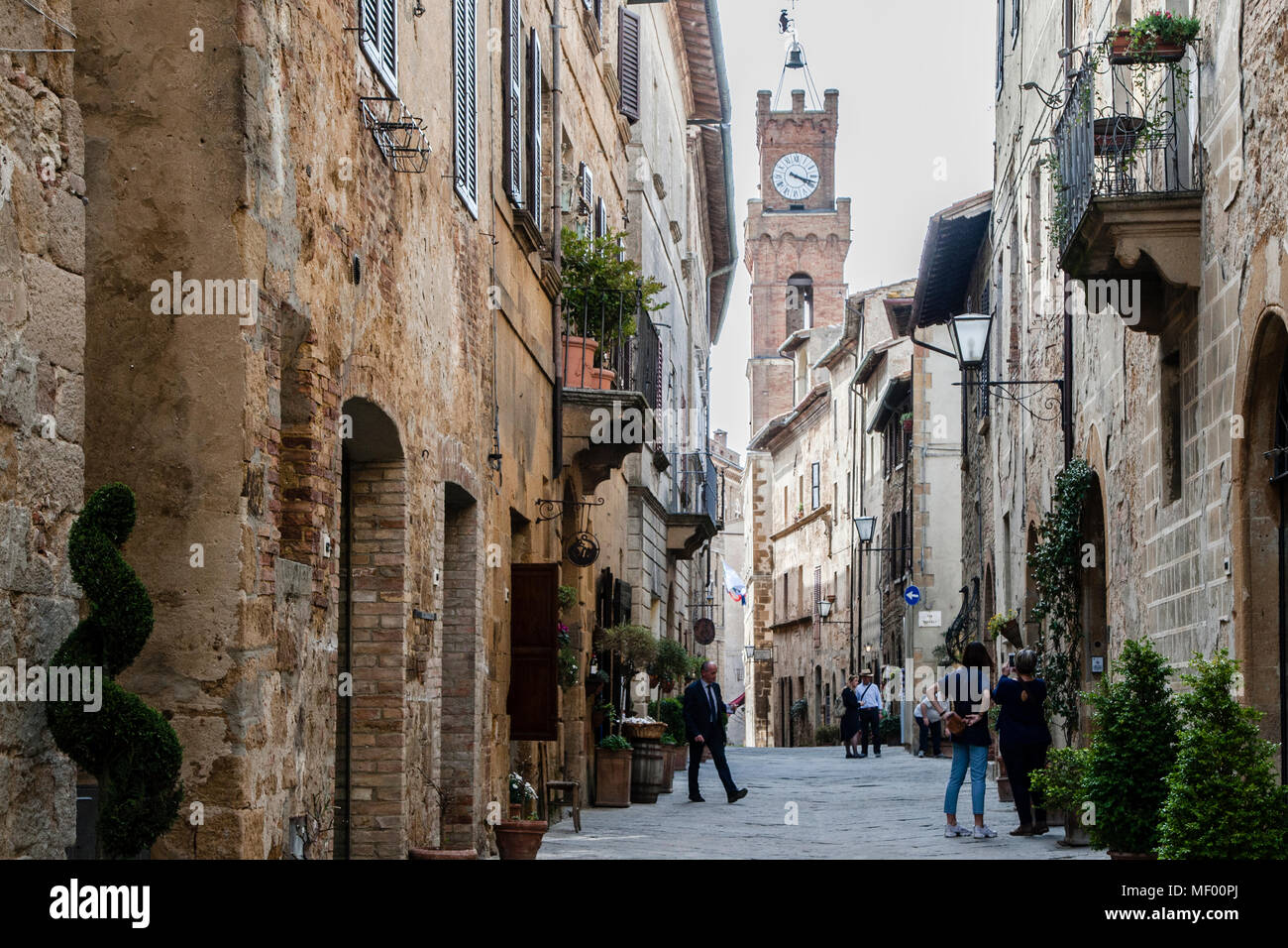 Pienza can be reached from the Hotel Adler Thermae in just 20 minutes by car. So is suitable as a bike trip or a short trip with an electric car of the hotel Adler Thermae. Old town with the bell tower of the city administration Pienza, Tuscany, Italy Stock Photo