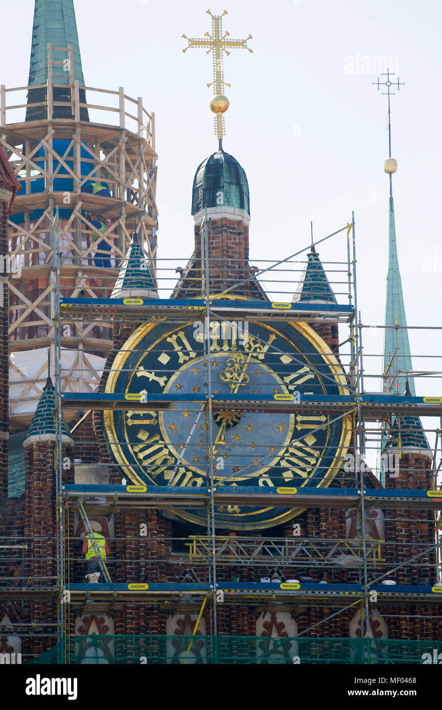 Renovation of Gothic Bazylika Mariacka (St. Mary's Church) in Main City in historic centre of Gdansk, Poland. April 19th 2018, is second or third the  Stock Photo