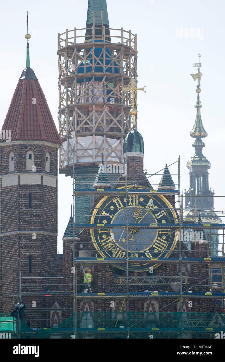 Renovation of Gothic Bazylika Mariacka (St. Mary's Church) in Main City in historic centre of Gdansk, Poland. April 19th 2018, is second or third the  Stock Photo