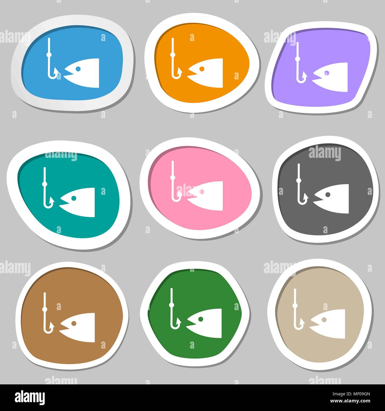 Fishing icon symbols. Multicolored paper stickers. Vector illustration Stock Vector