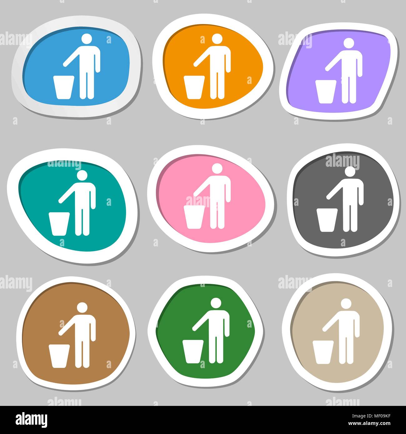 throw away the trash icon symbols. Multicolored paper stickers. Vector