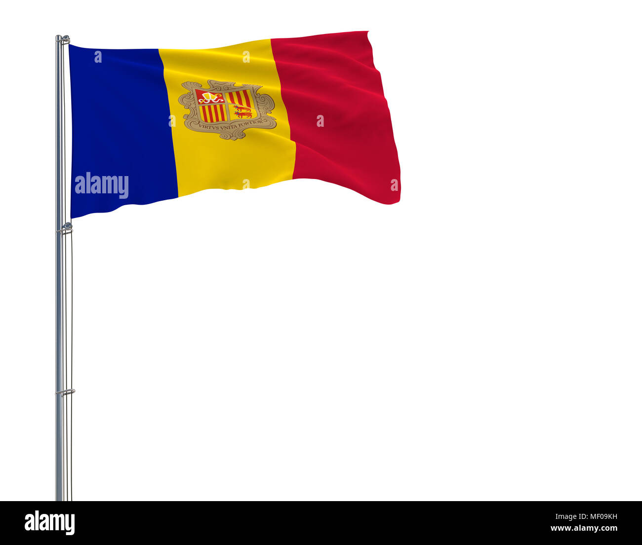 Isolate flag of Andorra on a flagpole fluttering in the wind on a white background, 3d rendering Stock Photo