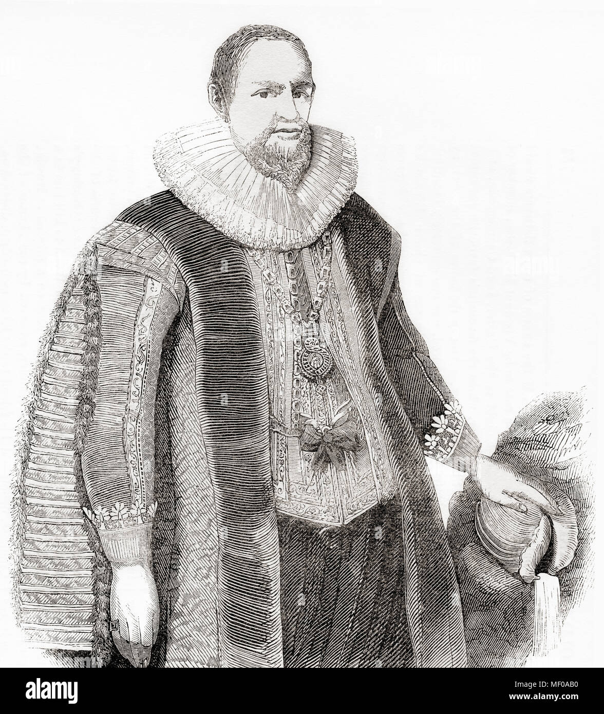 Sir Hugh Myddelton (or Middleton), 1st Baronet, 1560 – 1631.  Welsh clothmaker, entrepreneur, mine-owner, goldsmith, banker and self-taught engineer.  From Old England: A Pictorial Museum, published 1847. Stock Photo