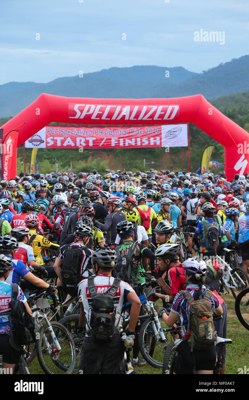 Hundreds of mountain bike enthusiasts participate the PCC Specialized Presidential Ride 2013 competition at Semenyih, Malaysia. Stock Photo