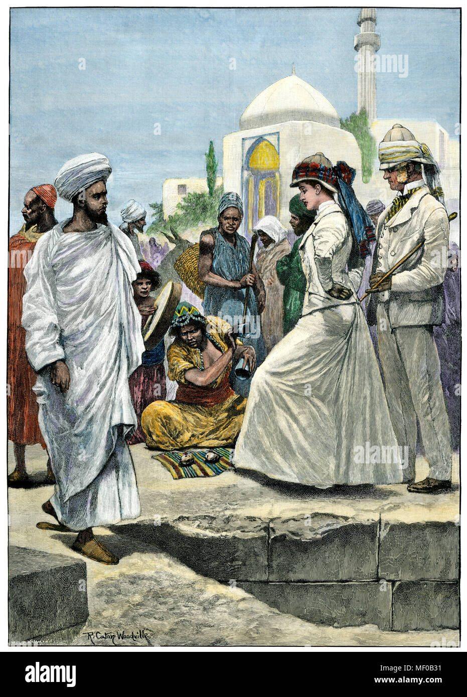 Street conjurer in Algiers performing for European tourists, 1890s. Hand-colored woodcut Stock Photo