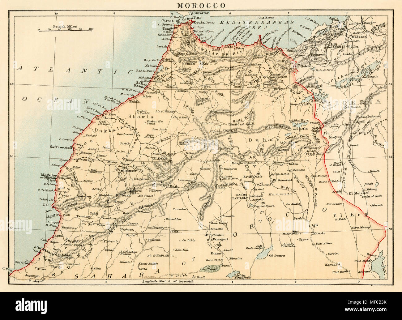 Map of Morocco, 1870s. Printed color lithograph Stock Photo