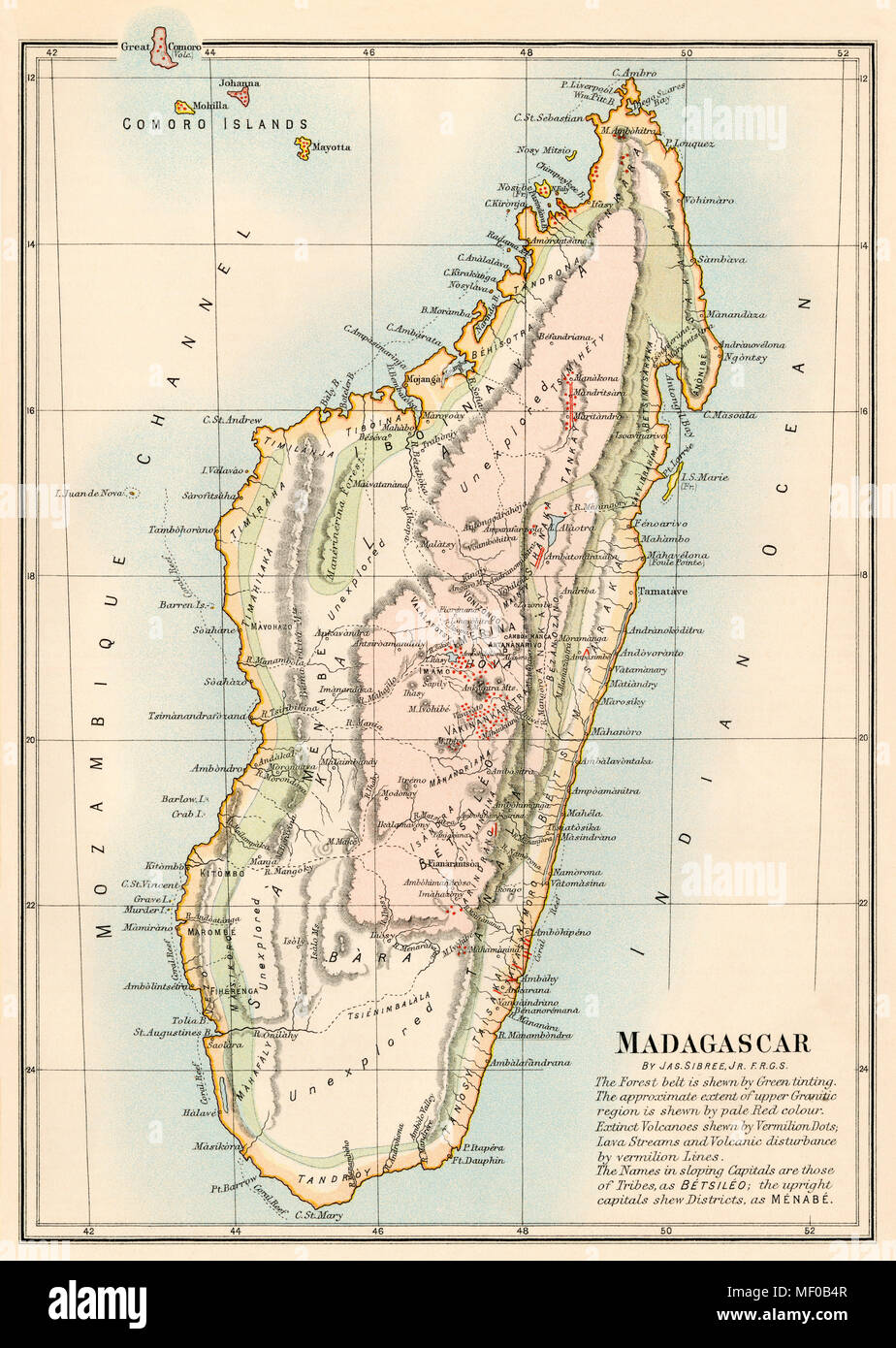 Map of Madagascar, 1870s. Printed color lithograph Stock Photo