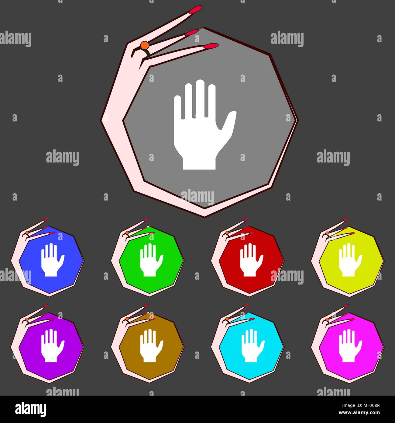 Hand print sign icon. Stop symbol. Set colourful buttons. Vector ...