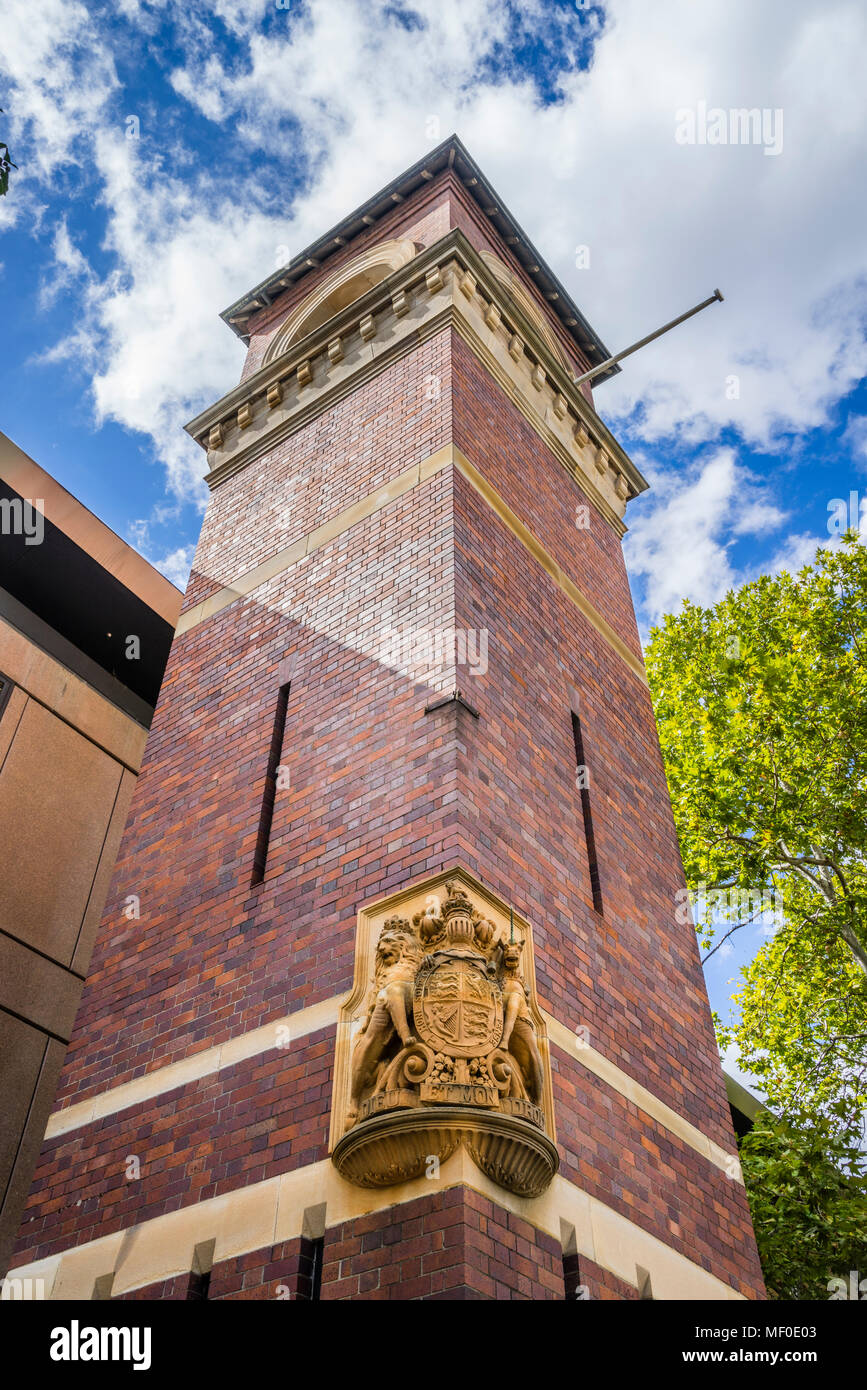 red brick tower at Parramatta Local Courthouse, Parramatta Justice Precinct, Greater Western Sydney, New South Wales, Australia Stock Photo