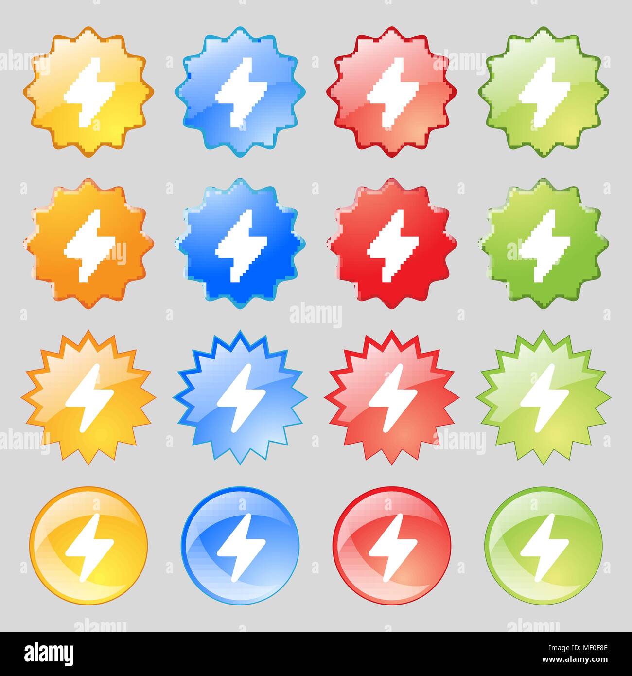 Photo flash icon sign. Set from sixteen multi-colored glass buttons ...
