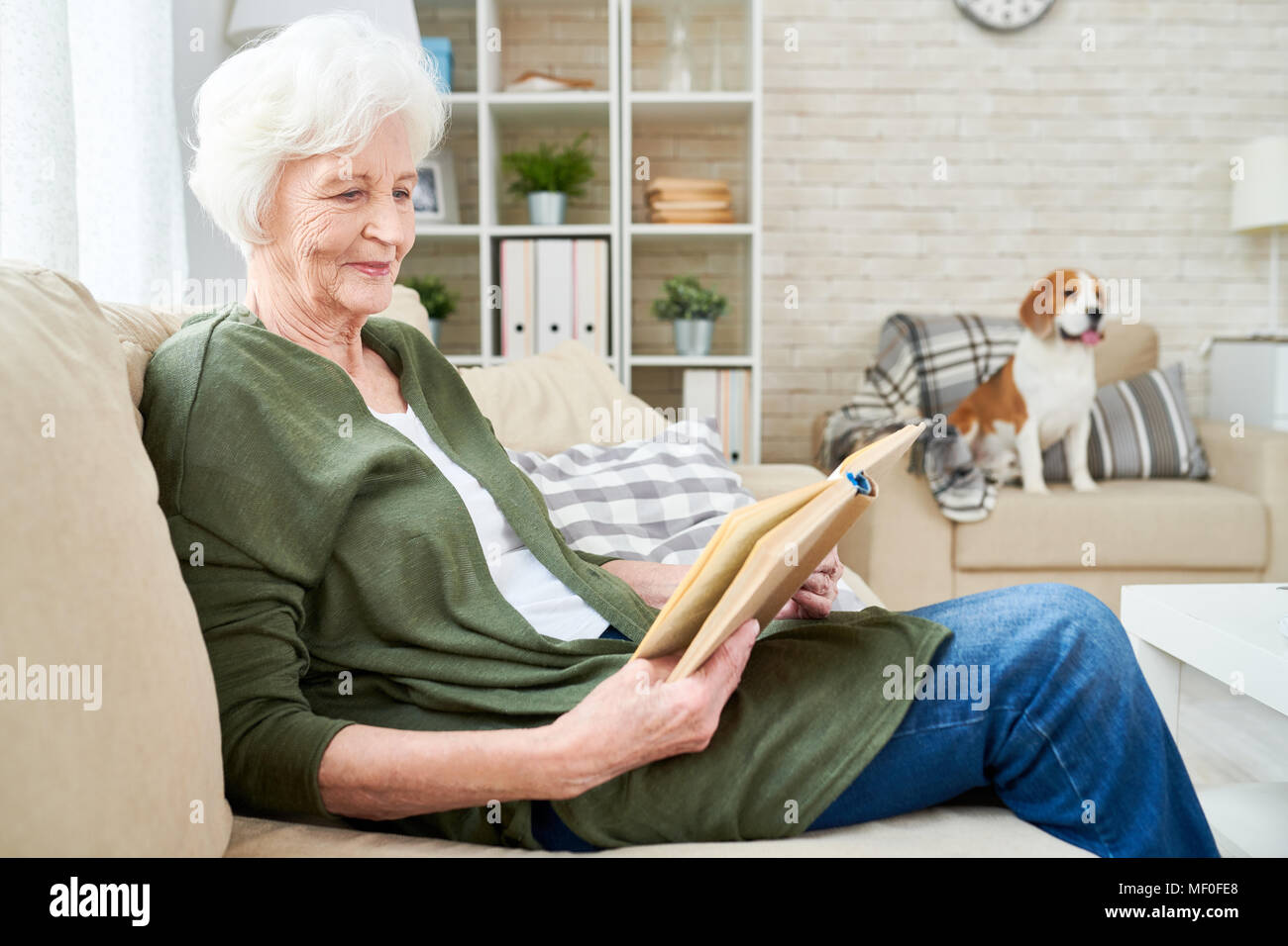 Woman reading smiling home hi-res stock photography and images - Alamy