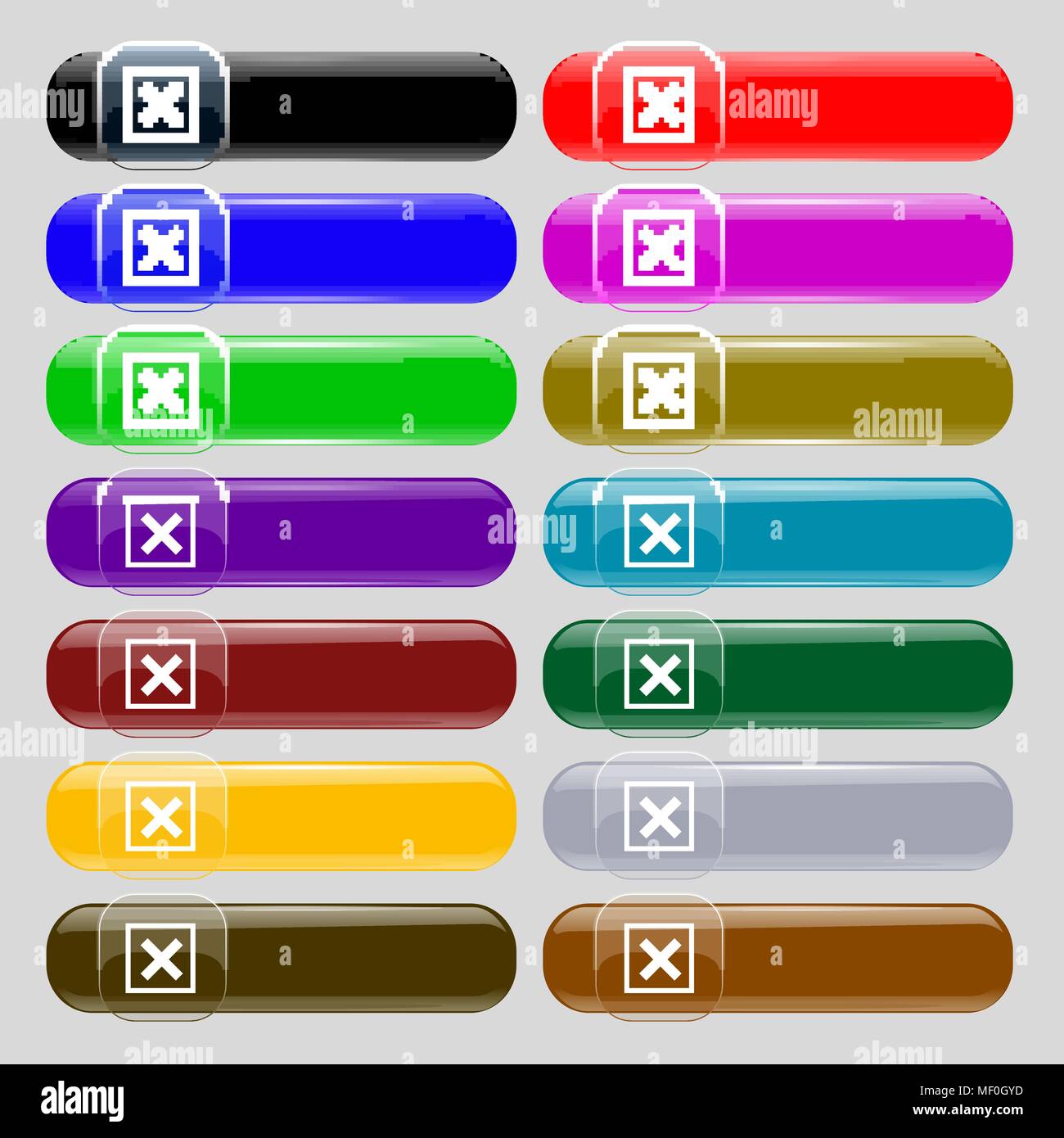 Cancel icon sign. Set from fourteen multi-colored glass buttons with ...