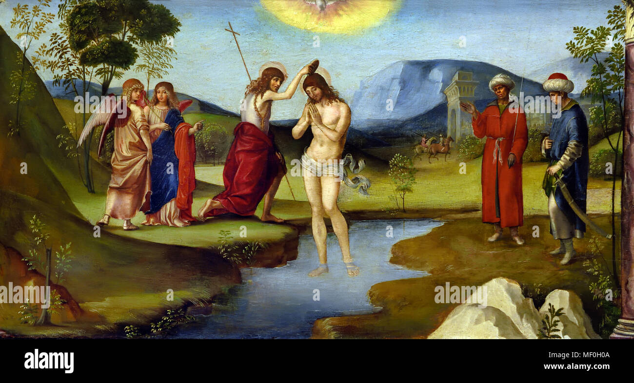 The baptism of Christ 1490  Francesco Francia ( Raibolini but said France - Zola Predosa or Bologna ) 1447- 1517 ), was a painter, goldsmith and medalist, active in Bologna Italian, Italy, Stock Photo